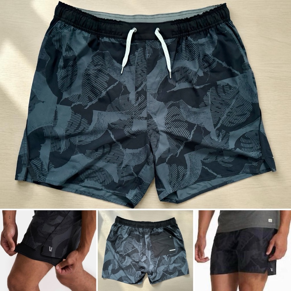 Vuori Trail Charcoal Black Deco Leaf Lined Hybrid Train Gym 6” Stretch Shorts